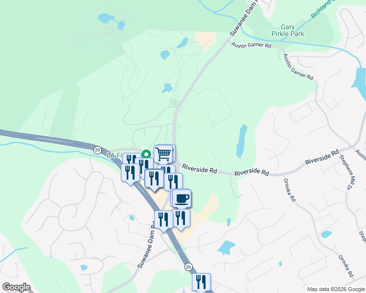 map of restaurants, bars, coffee shops, grocery stores, and more near 6001 Suwanee Dam Road in Buford