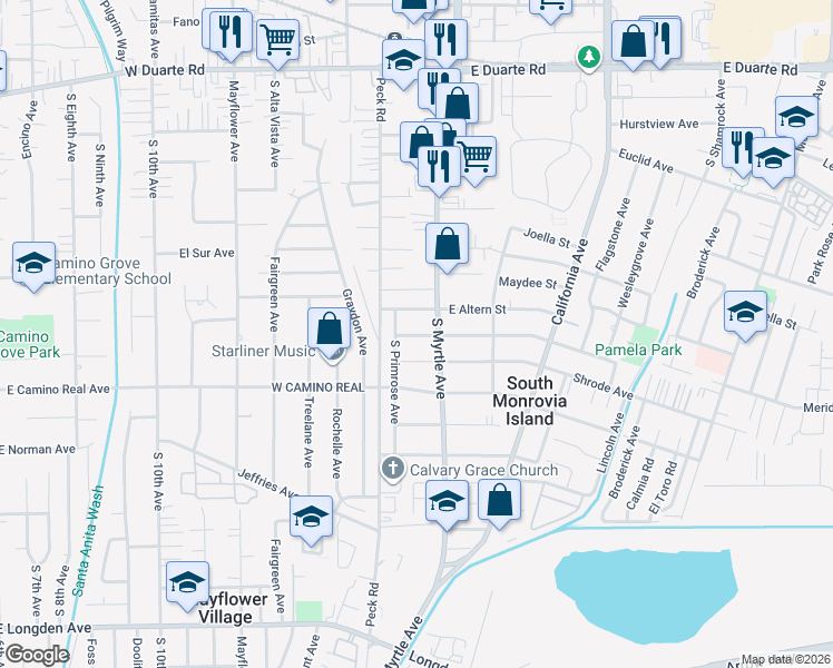 map of restaurants, bars, coffee shops, grocery stores, and more near 138 Pamela Road in Monrovia