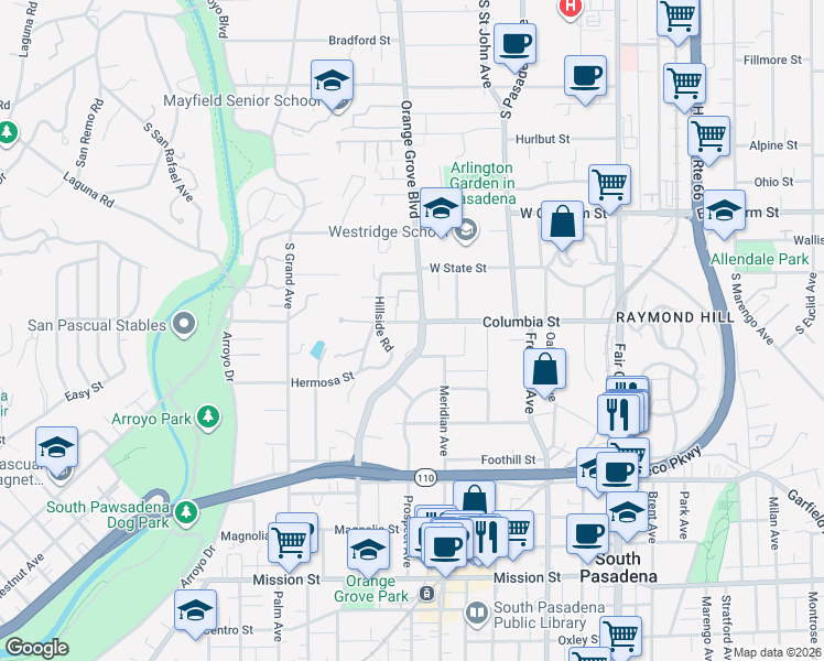 map of restaurants, bars, coffee shops, grocery stores, and more near 201 Orange Grove Avenue in South Pasadena