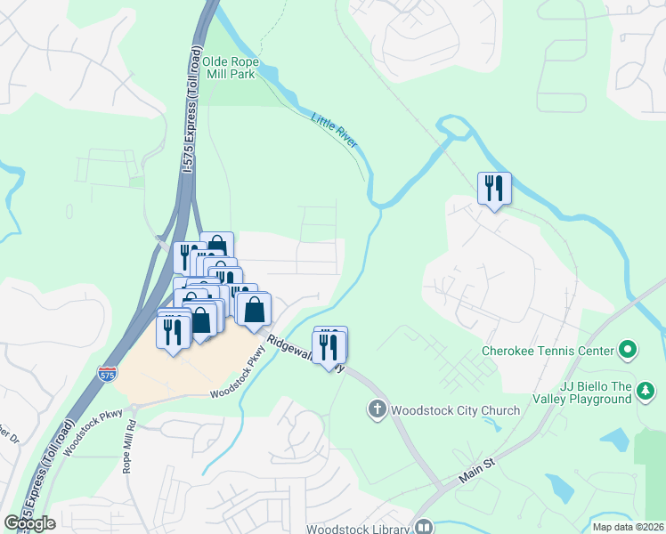 map of restaurants, bars, coffee shops, grocery stores, and more near 239 Floral Valley Drive in Woodstock