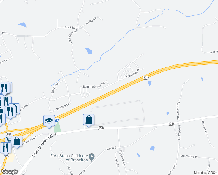 map of restaurants, bars, coffee shops, grocery stores, and more near 522 Walnut Woods Drive in Braselton