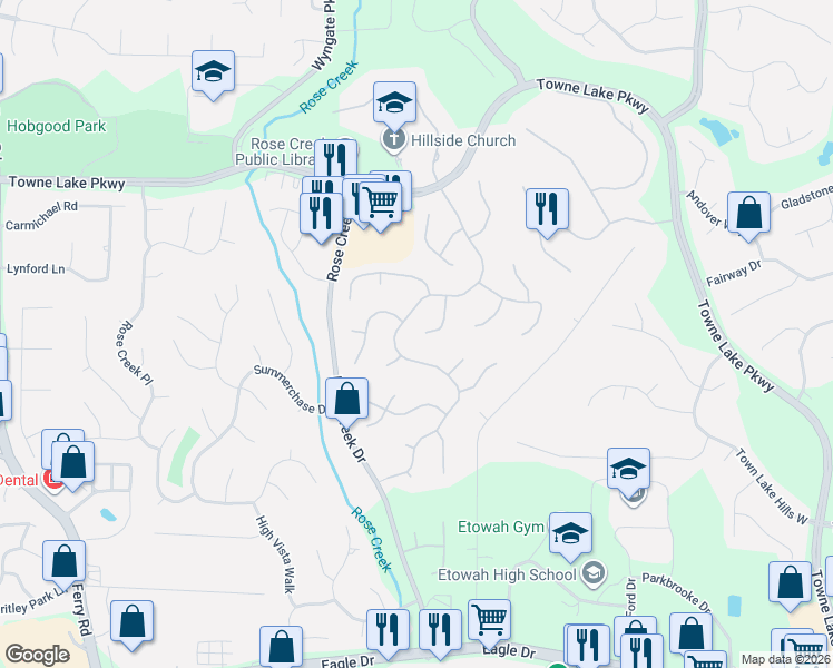 map of restaurants, bars, coffee shops, grocery stores, and more near 1310 Crooked Branch Trail in Woodstock