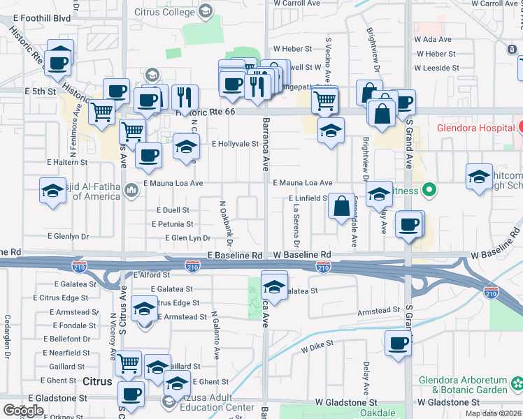 map of restaurants, bars, coffee shops, grocery stores, and more near 6103 North Traymore Avenue in Azusa