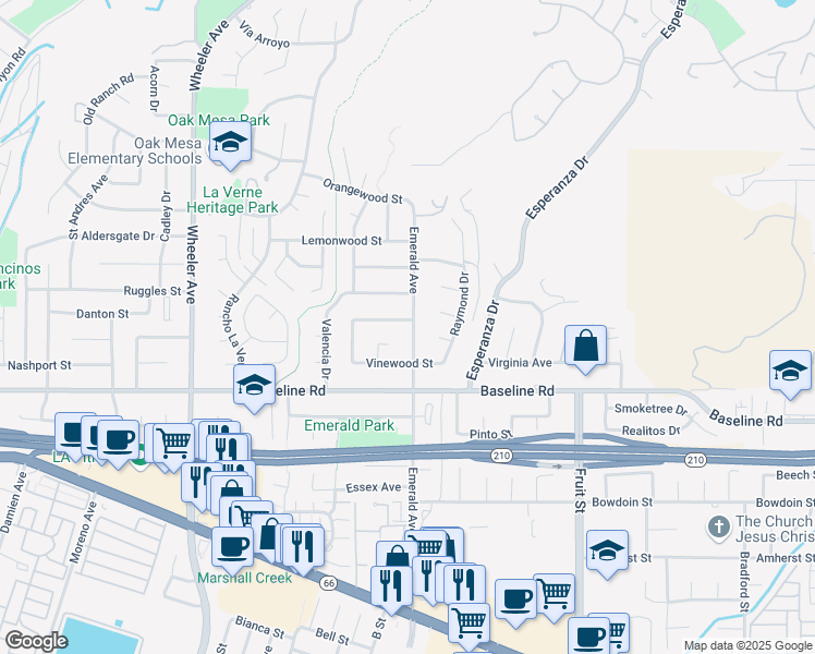 map of restaurants, bars, coffee shops, grocery stores, and more near 1968 Rosewood Street in La Verne