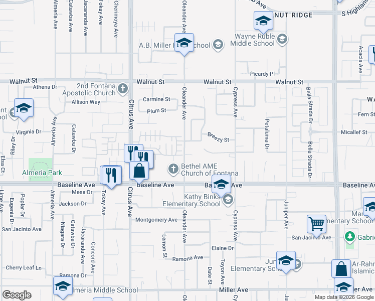 map of restaurants, bars, coffee shops, grocery stores, and more near 7187 Oleander Avenue in Fontana