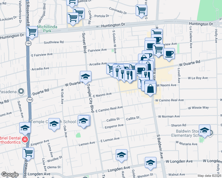 map of restaurants, bars, coffee shops, grocery stores, and more near 1231 South Golden West Avenue in Arcadia