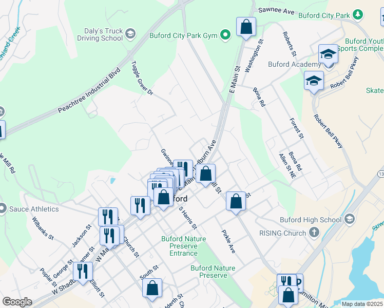 map of restaurants, bars, coffee shops, grocery stores, and more near 3795 East Shadburn Avenue in Buford