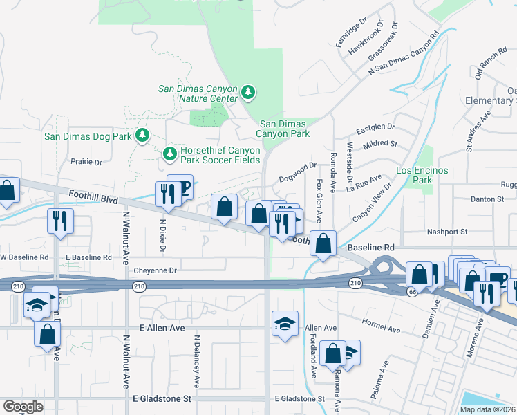 map of restaurants, bars, coffee shops, grocery stores, and more near 1247 Hidden Creek Road in San Dimas