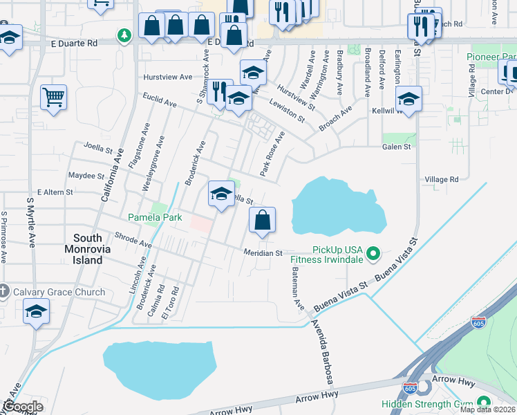 map of restaurants, bars, coffee shops, grocery stores, and more near 2204 Park Rose Avenue in Duarte