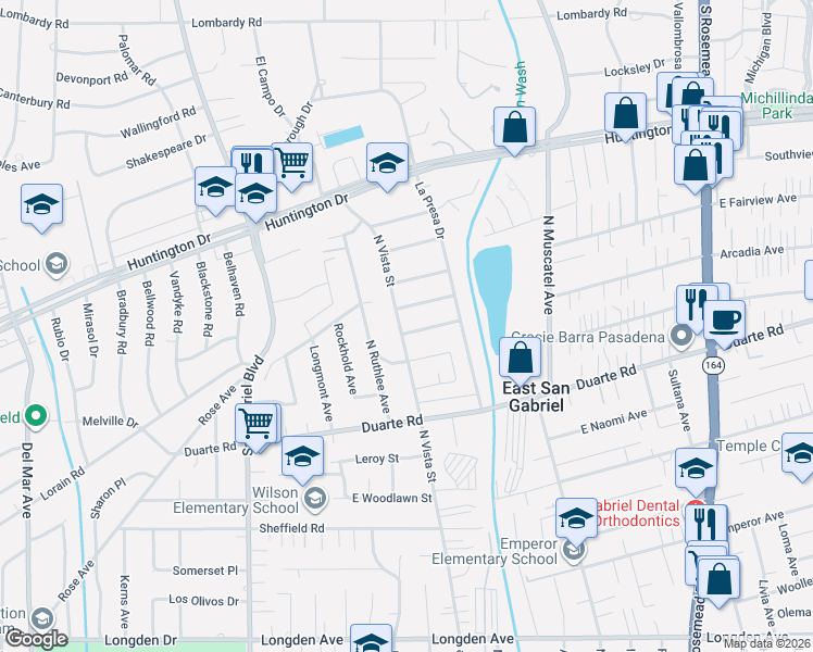 map of restaurants, bars, coffee shops, grocery stores, and more near 8514 Arcadia Avenue in San Gabriel