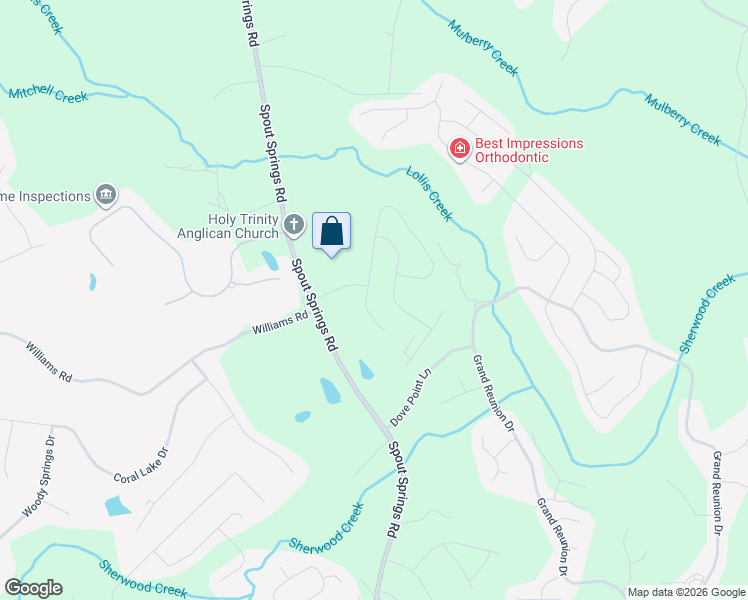 map of restaurants, bars, coffee shops, grocery stores, and more near 7179 Spout Springs Road in Flowery Branch