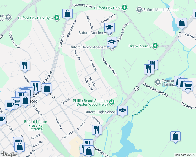 map of restaurants, bars, coffee shops, grocery stores, and more near 575 Forest Street in Buford