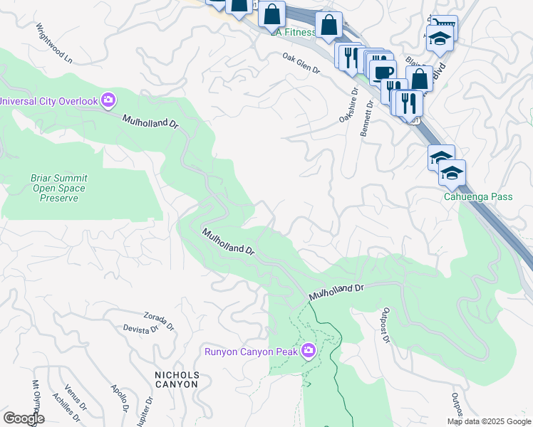 map of restaurants, bars, coffee shops, grocery stores, and more near 7404 Woodrow Wilson Drive in Los Angeles