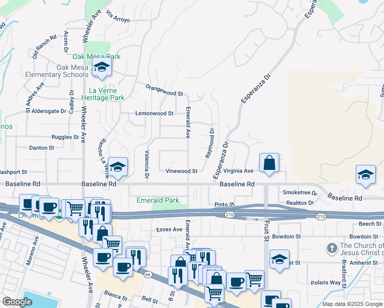 map of restaurants, bars, coffee shops, grocery stores, and more near 4700 Emerald Avenue in La Verne