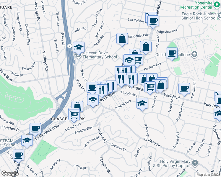 map of restaurants, bars, coffee shops, grocery stores, and more near 4331 North Eagle Rock Boulevard in Los Angeles