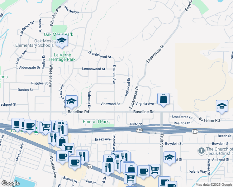 map of restaurants, bars, coffee shops, grocery stores, and more near 4700 Emerald Avenue in La Verne