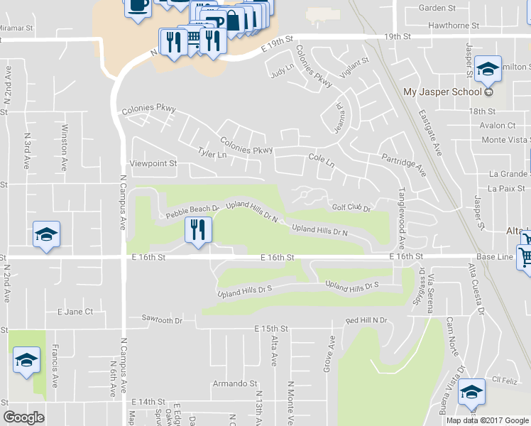 map of restaurants, bars, coffee shops, grocery stores, and more near 1361 Upland Hills Drive North in Upland