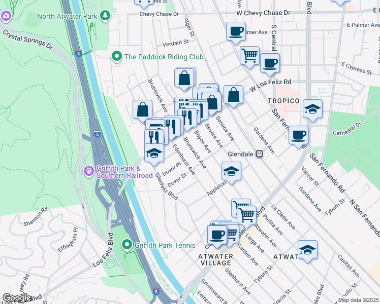 map of restaurants, bars, coffee shops, grocery stores, and more near 3938 Brunswick Avenue in Los Angeles