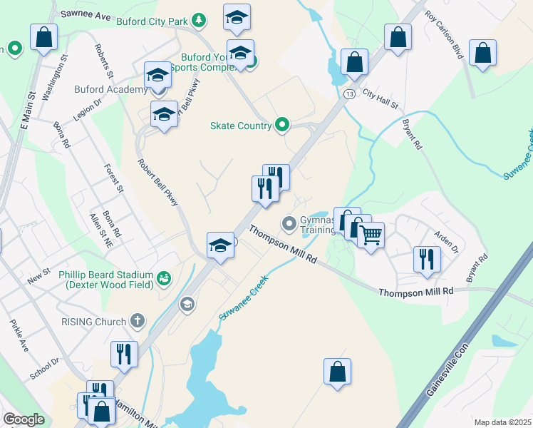 map of restaurants, bars, coffee shops, grocery stores, and more near 2669 Buford Highway Northeast in Buford