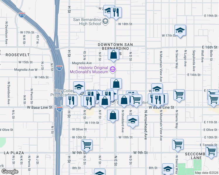 map of restaurants, bars, coffee shops, grocery stores, and more near 1304 Acacia Avenue North in San Bernardino
