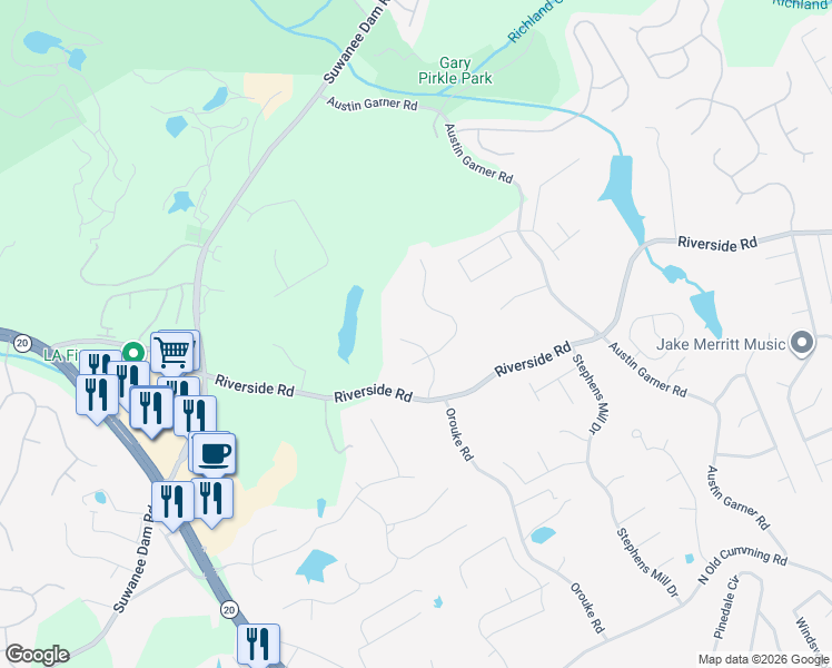 map of restaurants, bars, coffee shops, grocery stores, and more near 5945 River Rush Court in Buford