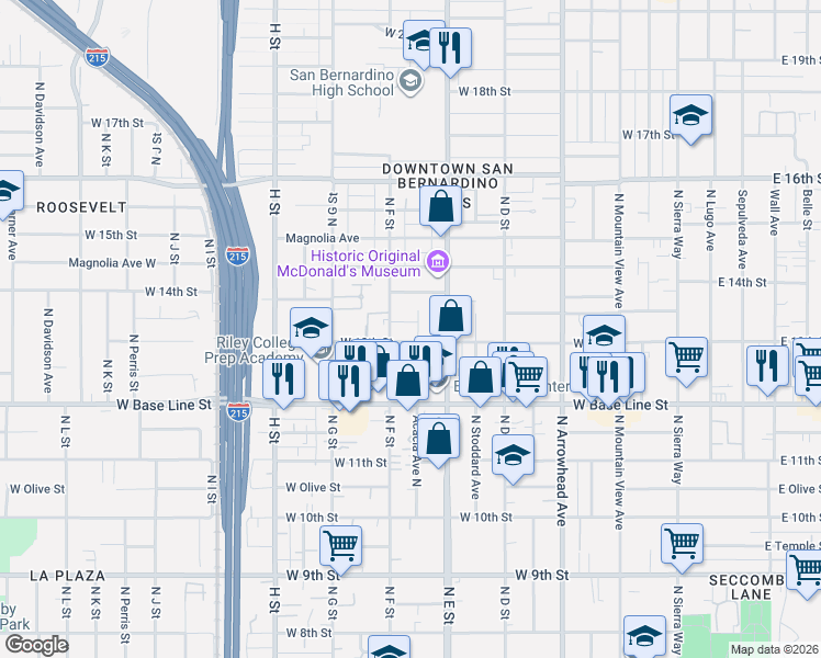map of restaurants, bars, coffee shops, grocery stores, and more near 1304 Acacia Avenue North in San Bernardino