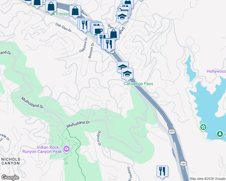 map of restaurants, bars, coffee shops, grocery stores, and more near 6815 Pacific View Drive in Los Angeles