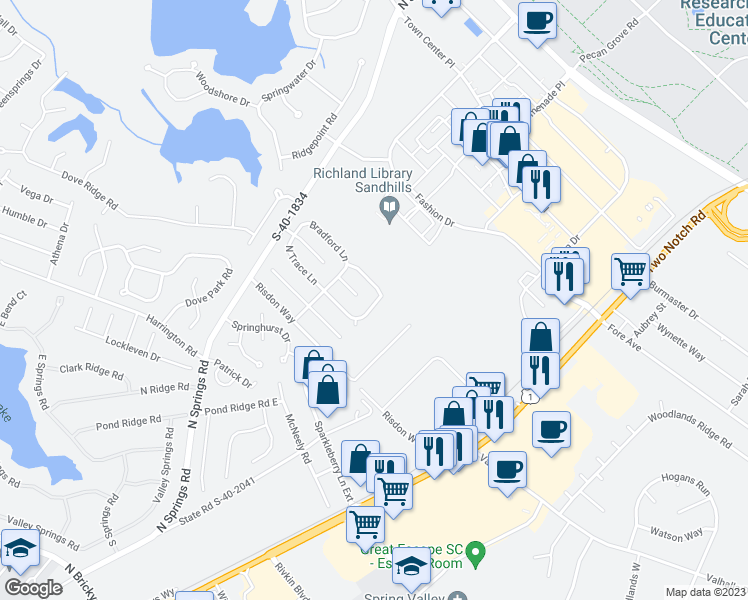 map of restaurants, bars, coffee shops, grocery stores, and more near 1109 Bradford Ridge Lane in Columbia