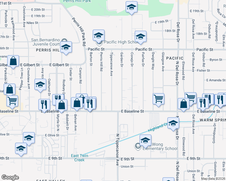map of restaurants, bars, coffee shops, grocery stores, and more near 7161 Tippecanoe Avenue in San Bernardino