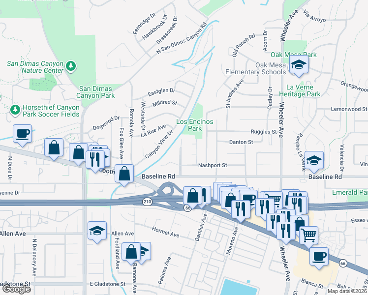 map of restaurants, bars, coffee shops, grocery stores, and more near 4749 Bunnelle Avenue in La Verne
