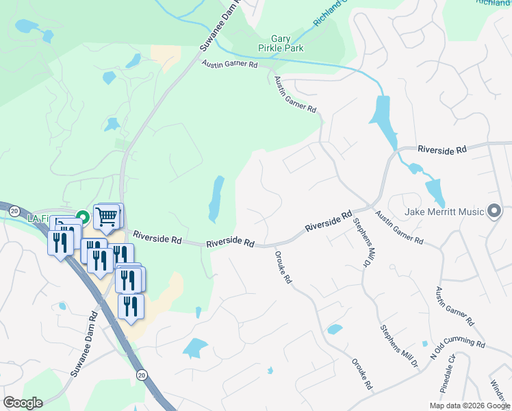 map of restaurants, bars, coffee shops, grocery stores, and more near 5945 River Rush Court in Buford
