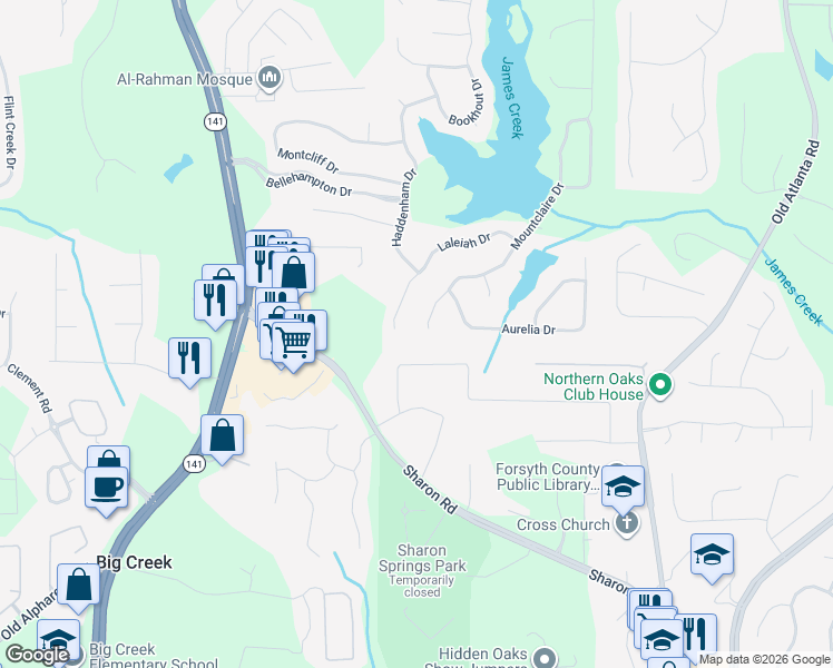 map of restaurants, bars, coffee shops, grocery stores, and more near 1705 Laleiah Drive in Cumming