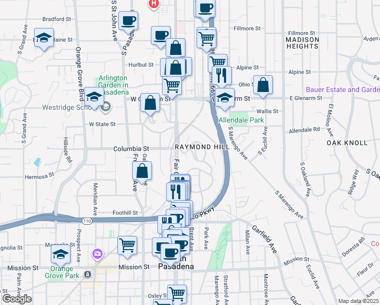 map of restaurants, bars, coffee shops, grocery stores, and more near 1625 Raymond Hill Road in South Pasadena