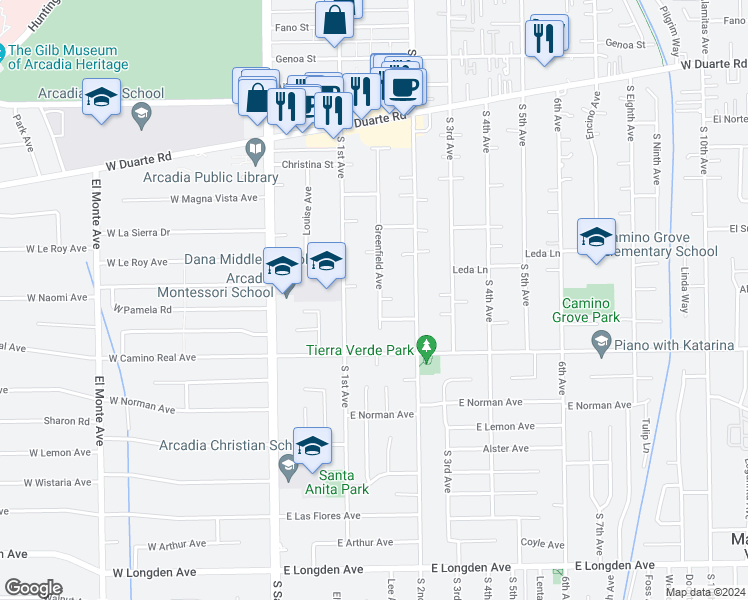 map of restaurants, bars, coffee shops, grocery stores, and more near 1417 Greenfield Avenue in Arcadia
