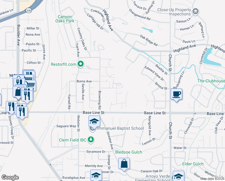 map of restaurants, bars, coffee shops, grocery stores, and more near 7150 Clydesdale Street in Highland
