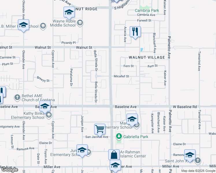 map of restaurants, bars, coffee shops, grocery stores, and more near 7165 Hazelwood Way in Fontana