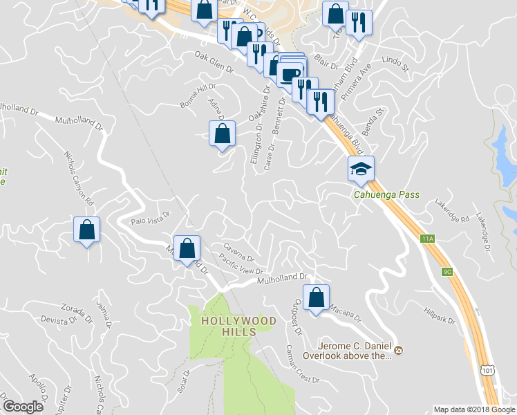map of restaurants, bars, coffee shops, grocery stores, and more near 7258 Woodrow Wilson Drive in Los Angeles