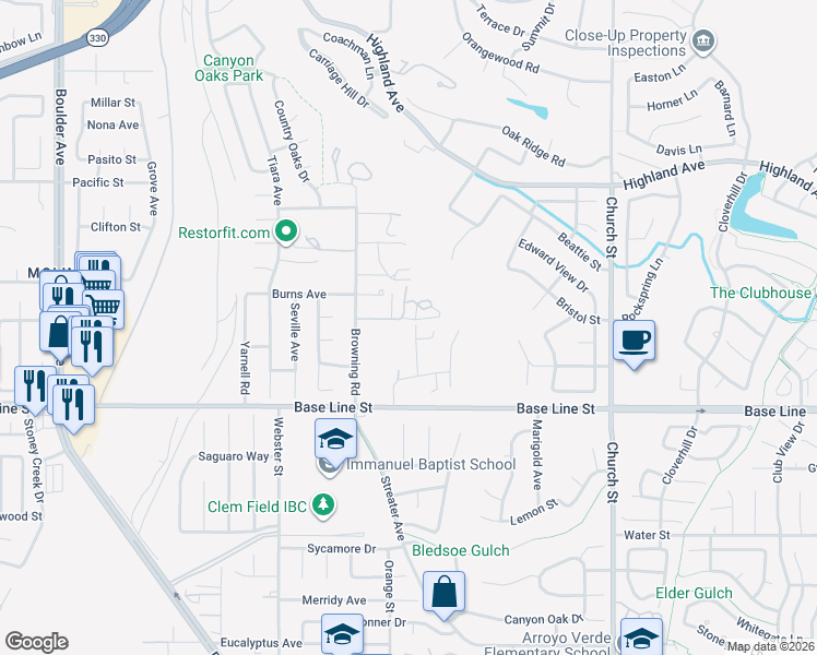 map of restaurants, bars, coffee shops, grocery stores, and more near 7150 Clydesdale Street in Highland