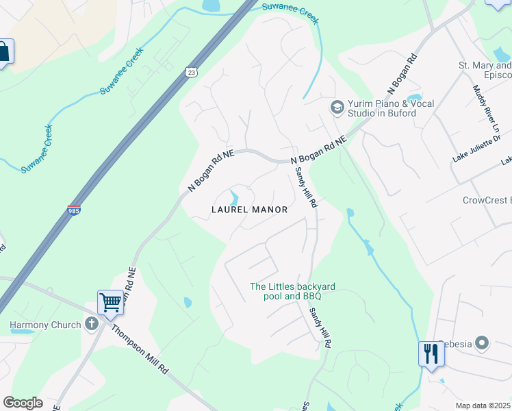map of restaurants, bars, coffee shops, grocery stores, and more near 3317 Sweet Leaf Lane in Buford