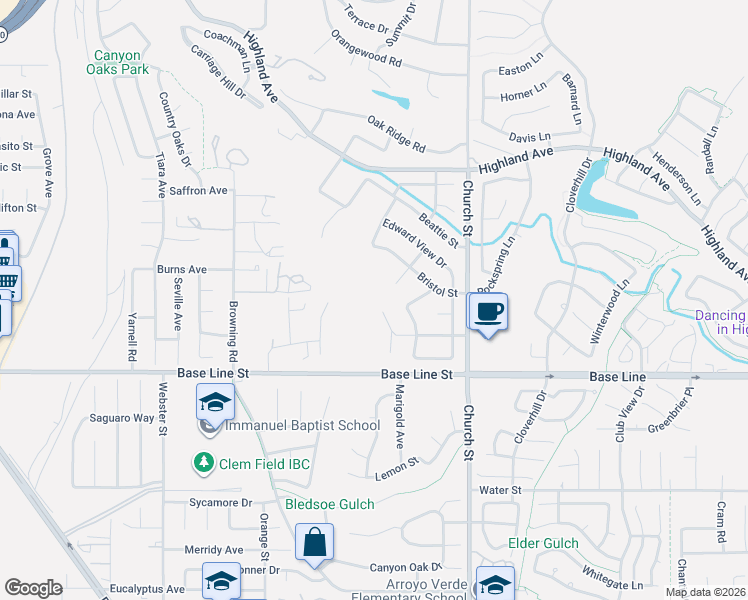 map of restaurants, bars, coffee shops, grocery stores, and more near 7178 Leedom Drive in Highland
