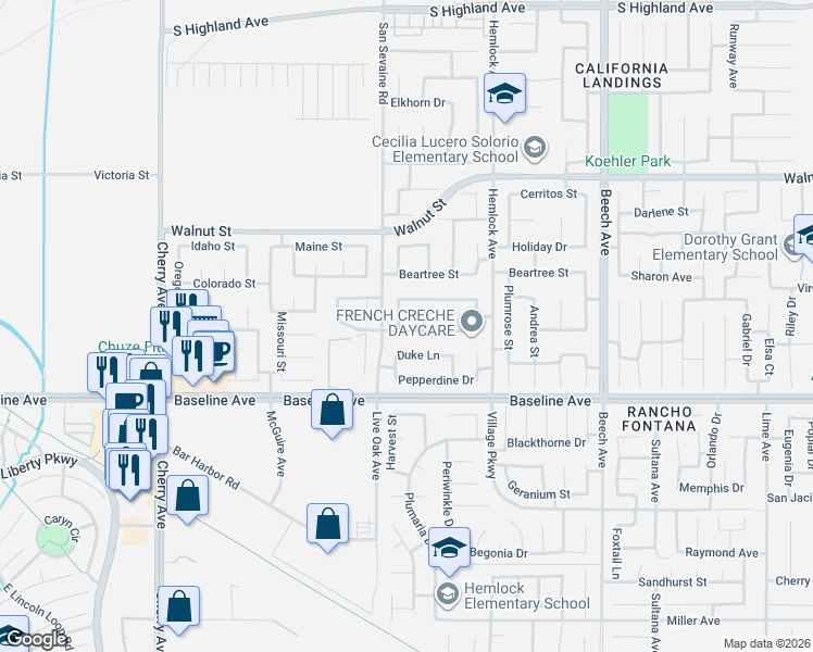 map of restaurants, bars, coffee shops, grocery stores, and more near 14961 Westgate Drive in Fontana