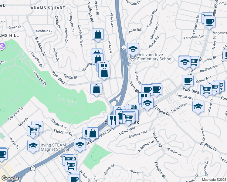 map of restaurants, bars, coffee shops, grocery stores, and more near 3025 Delevan Drive in Los Angeles