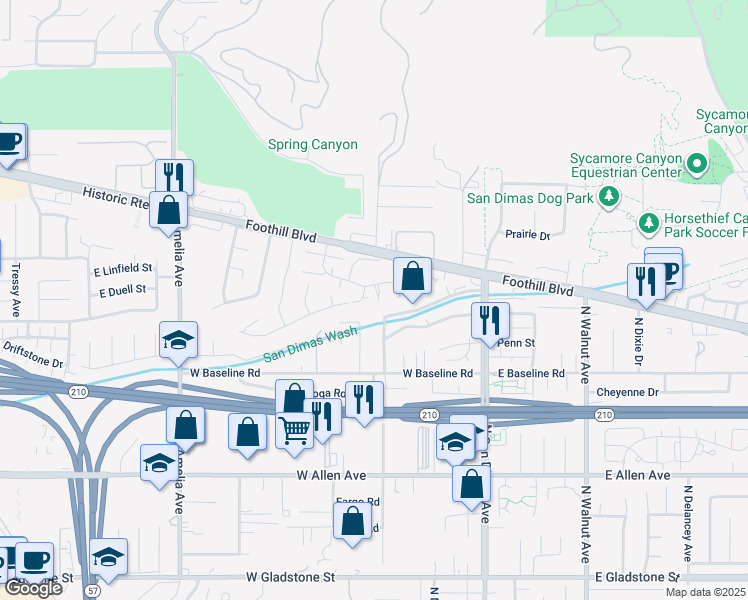 map of restaurants, bars, coffee shops, grocery stores, and more near 1255 Meadowglen Lane in San Dimas