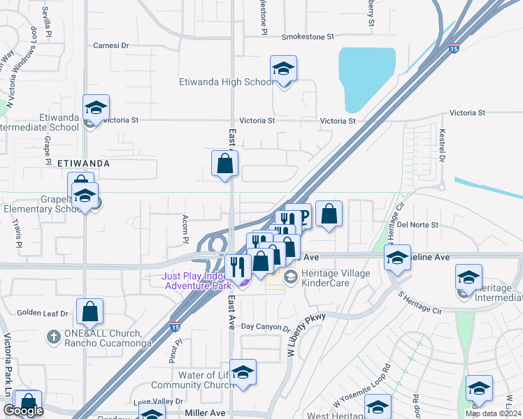 map of restaurants, bars, coffee shops, grocery stores, and more near in San Bernardino County