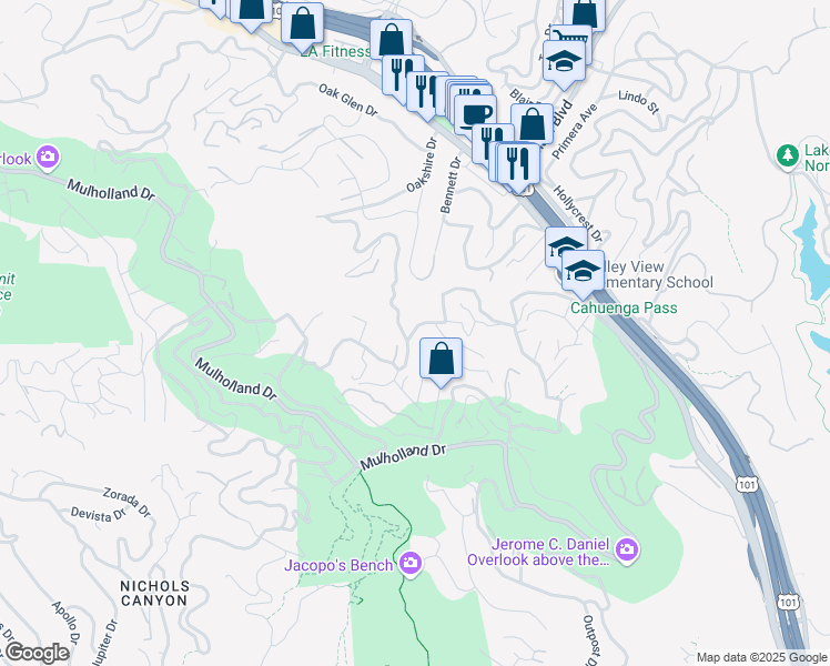 map of restaurants, bars, coffee shops, grocery stores, and more near 7260 Woodrow Wilson Drive in Los Angeles