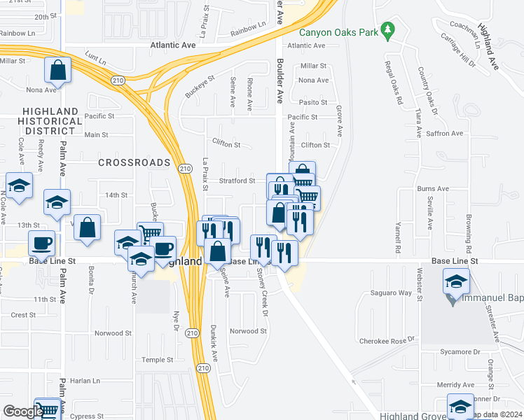 map of restaurants, bars, coffee shops, grocery stores, and more near 27855 Brookstone Avenue in Highland