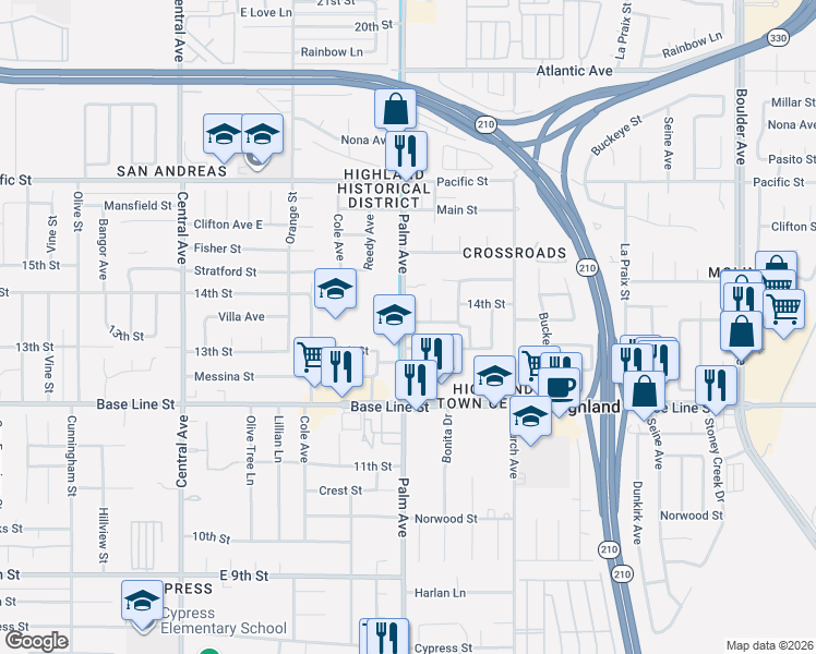 map of restaurants, bars, coffee shops, grocery stores, and more near 7181 Palm Avenue in Highland