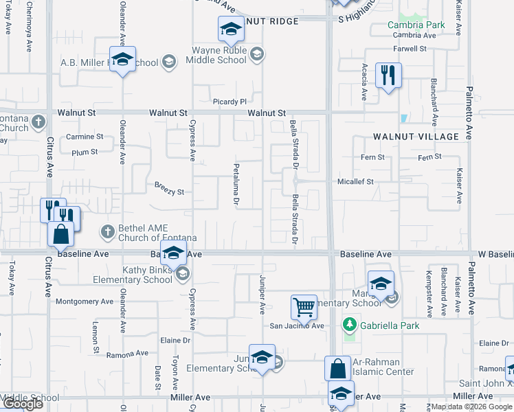 map of restaurants, bars, coffee shops, grocery stores, and more near 16671 San Simeon Way in Fontana