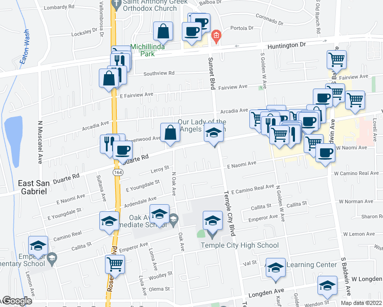 map of restaurants, bars, coffee shops, grocery stores, and more near 1150 West Duarte Road in Arcadia