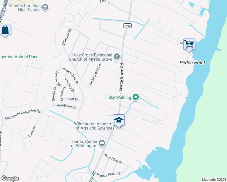 map of restaurants, bars, coffee shops, grocery stores, and more near 6008 Myrtle Grove Road in Wilmington